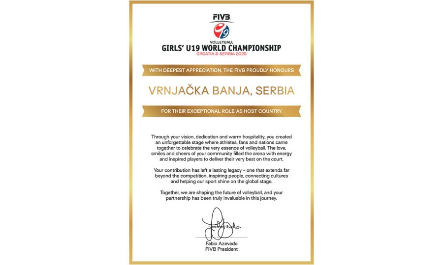 Predsednik FIVB poslao pismo zahvalnosti OSS za odličnu organizaciju SP kadetkinja u Vrnjačkoj Banji i Trsteniku